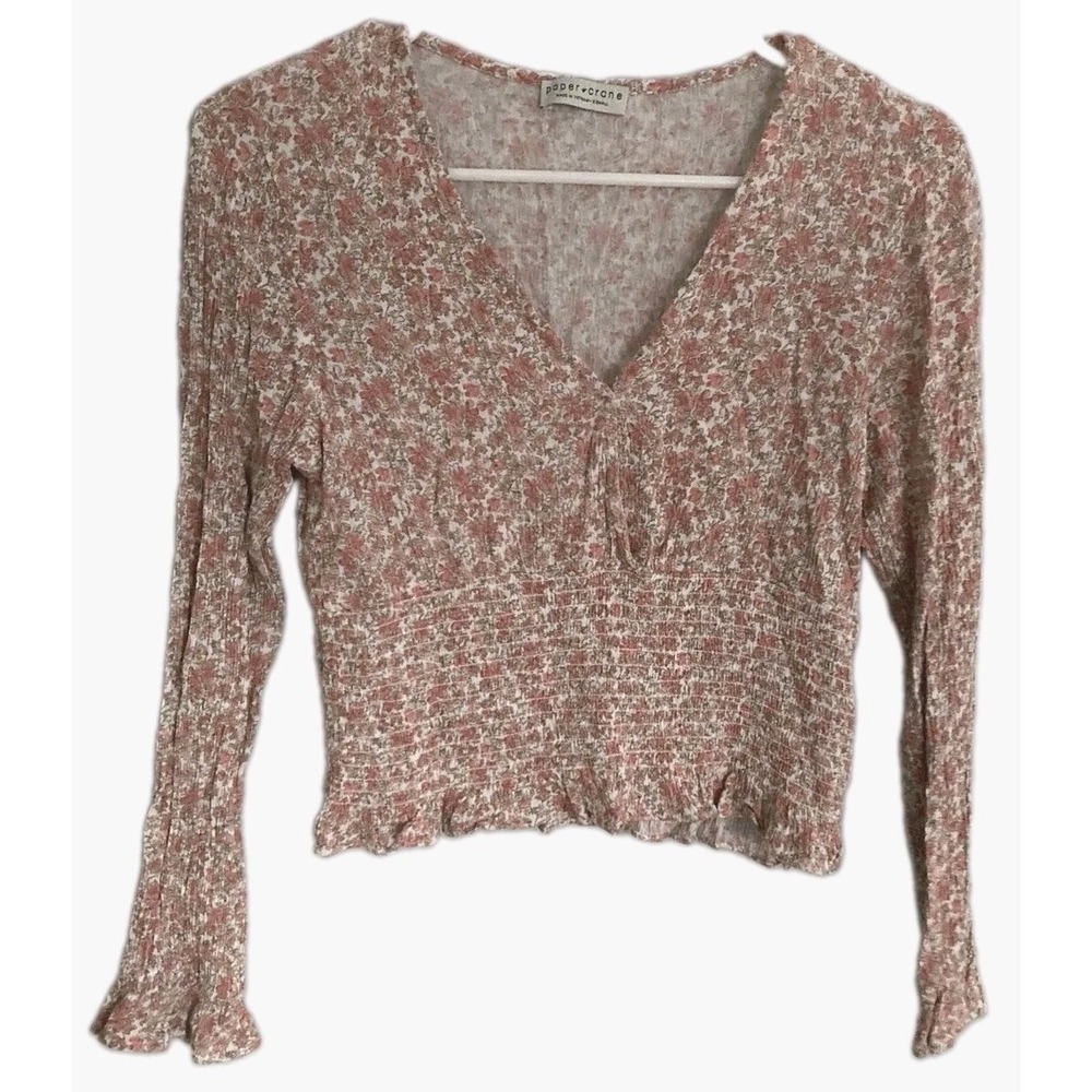 Paper Crane Shirt Womens XS Pink Floral Smocked Crop Long Sleeve V Neck Top